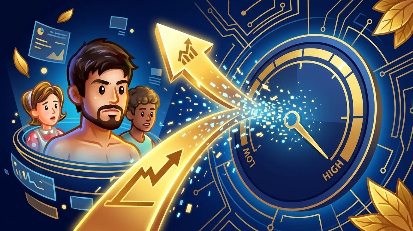 A glowing digital price arrow veering off course from a steady probability gauge amid scattered data particles
