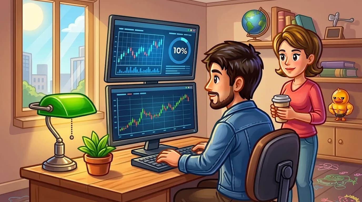 A user reviewing proportional trade allocation on stacked monitors