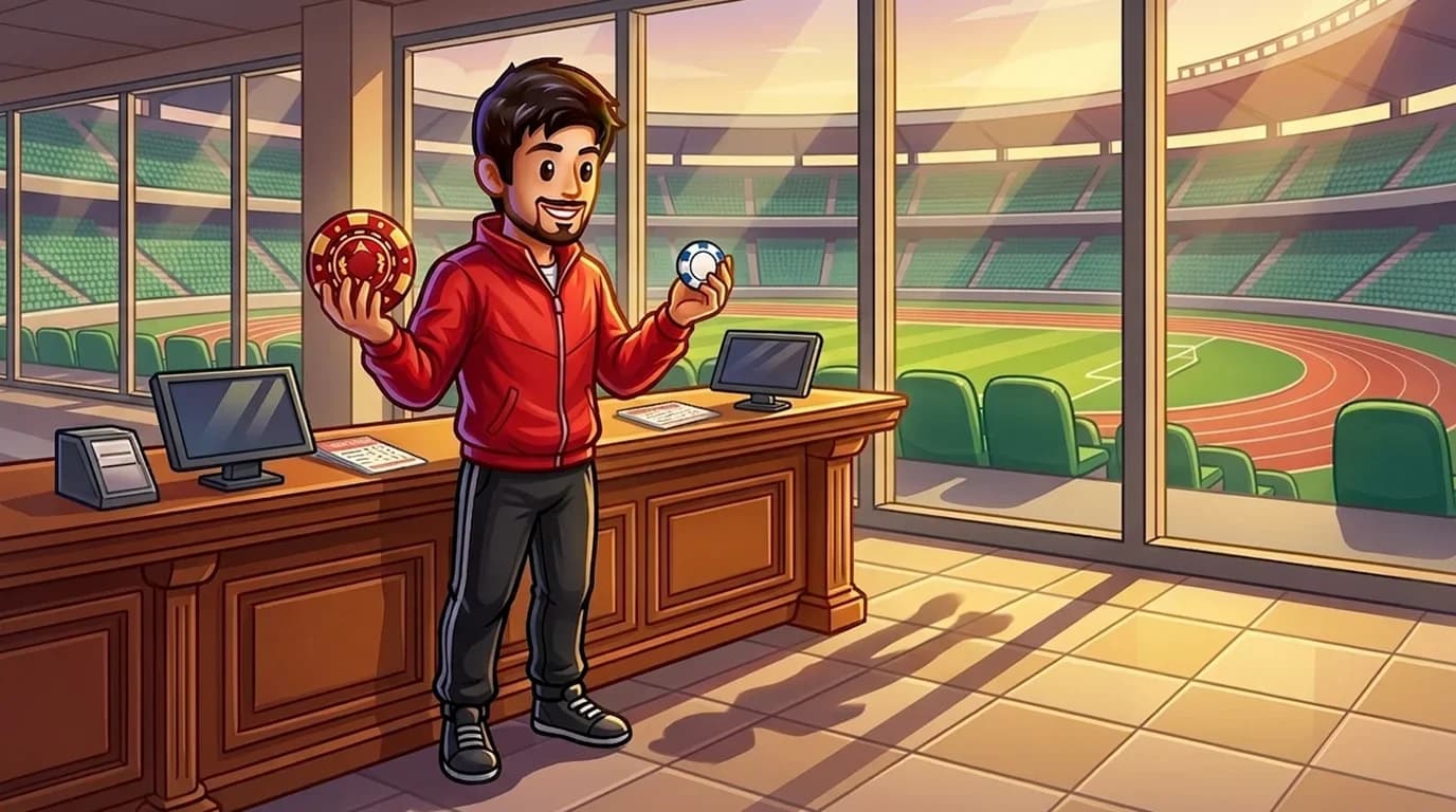 Person at a betting counter holding two differently sized poker chips, comparing options