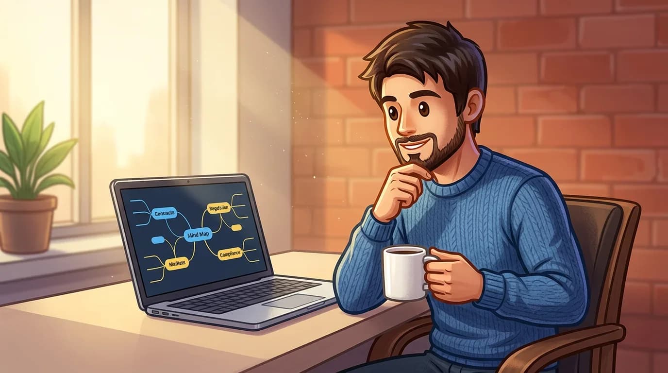 Analyst reviewing interconnected concepts of contracts, regulation, markets and compliance on a mind map