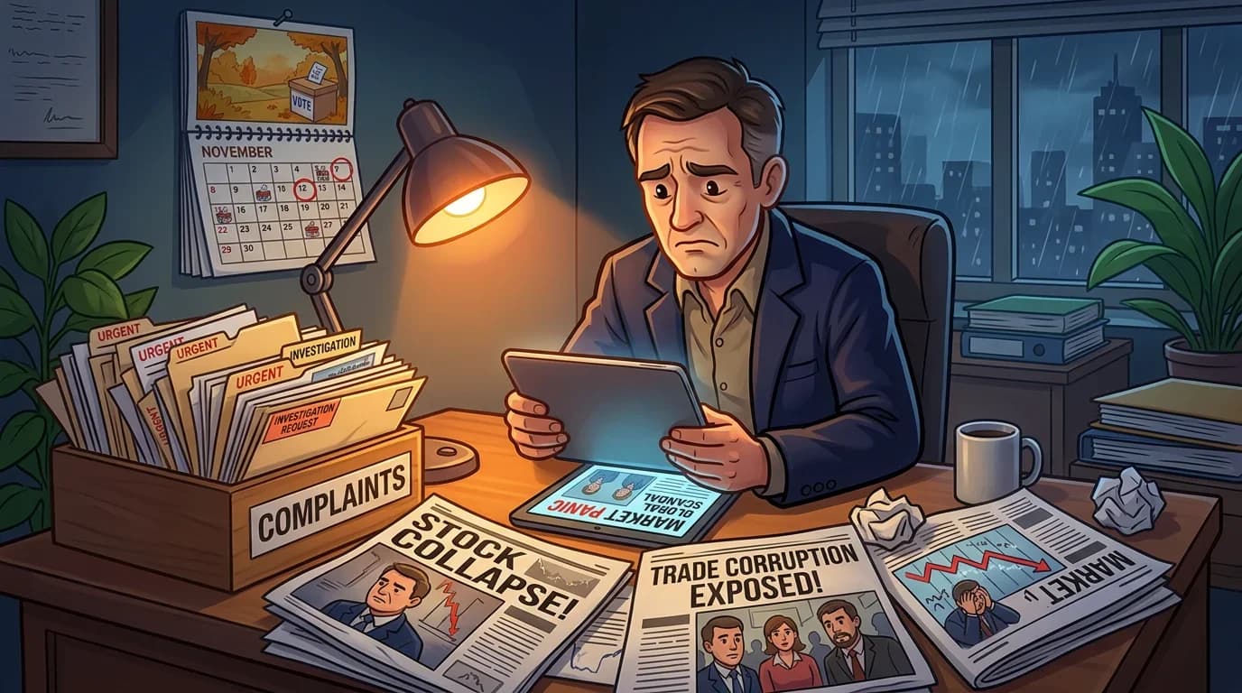 Regulator reviewing controversial prediction market headlines and complaint letters at their desk