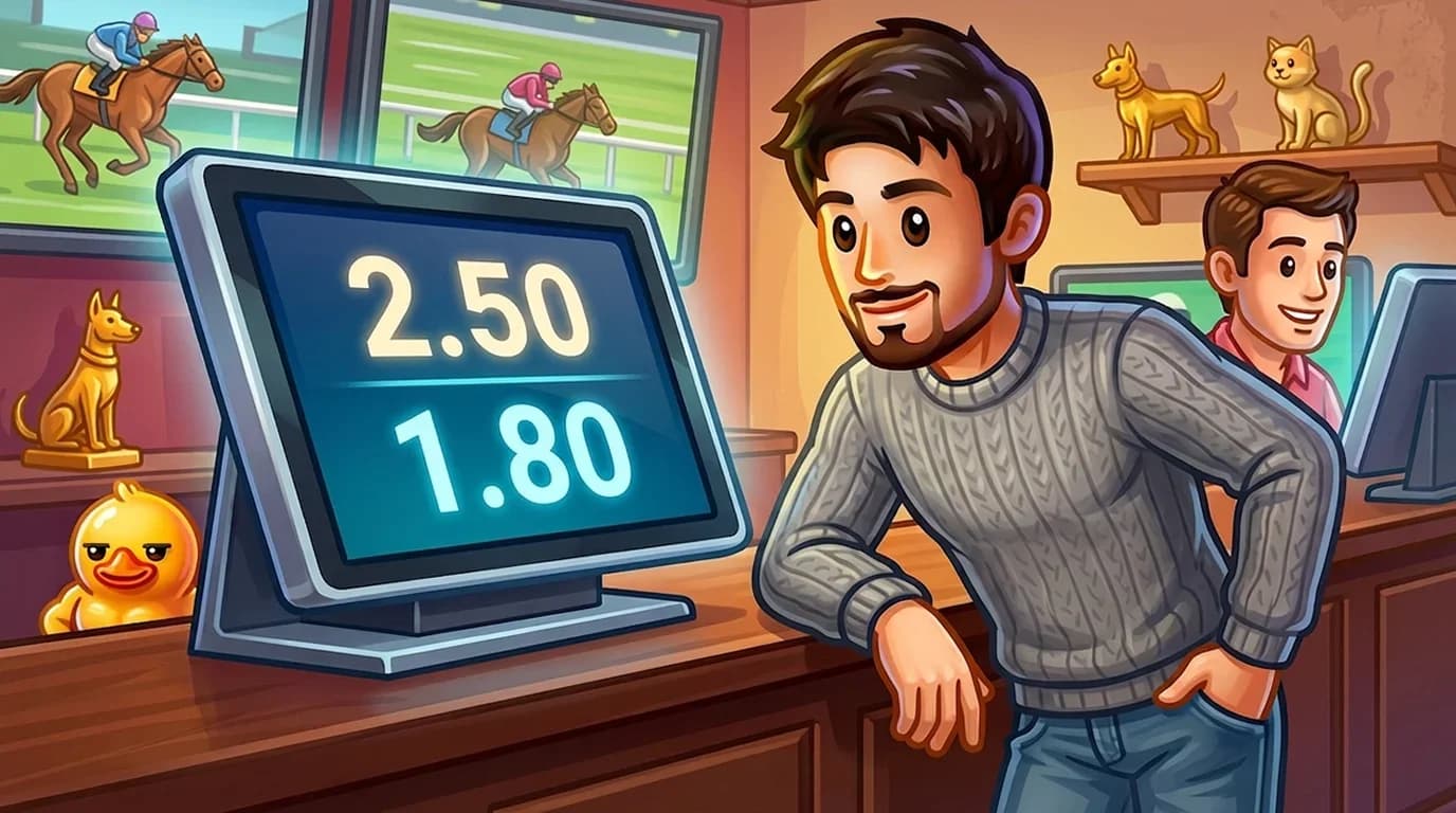 Bettor viewing decimal odds on a European betting terminal showing 2.50 and 1.80