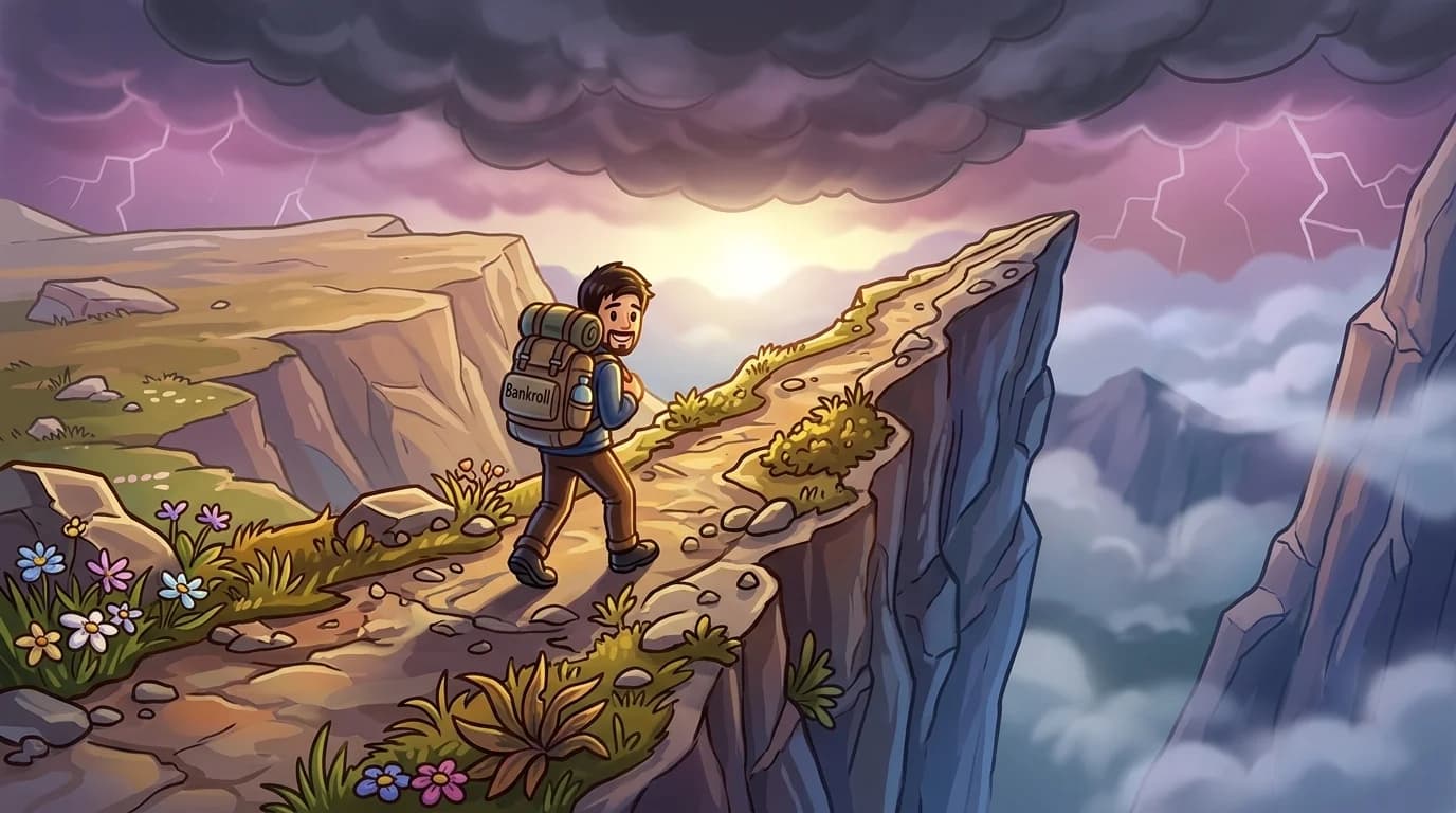 A lone hiker carrying a backpack labeled bankroll walks a thin mountain ridge with a lethal drop on one side and a safe plateau on the other under stormy skies.