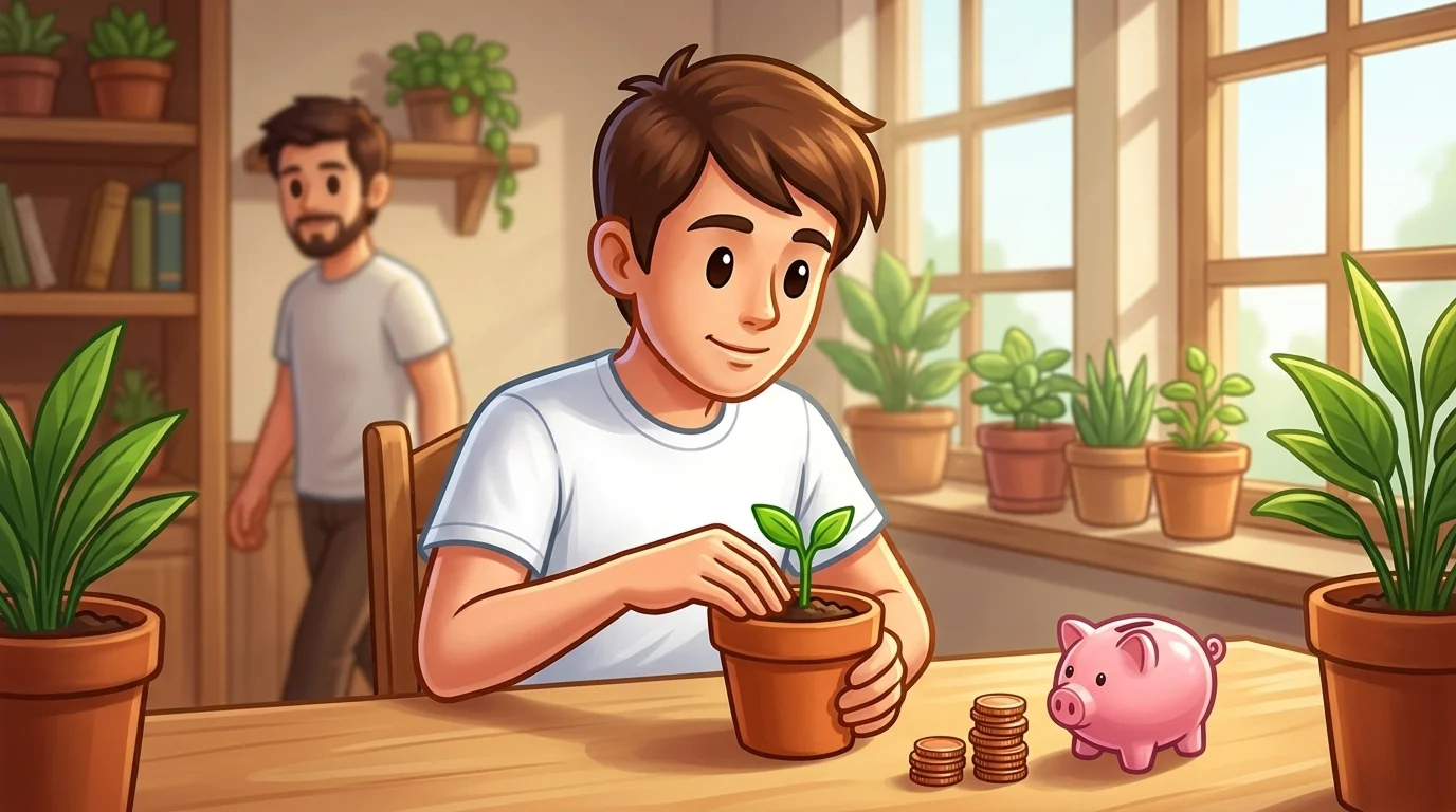Person planting a seedling next to a small piggy bank symbolizing a safe start