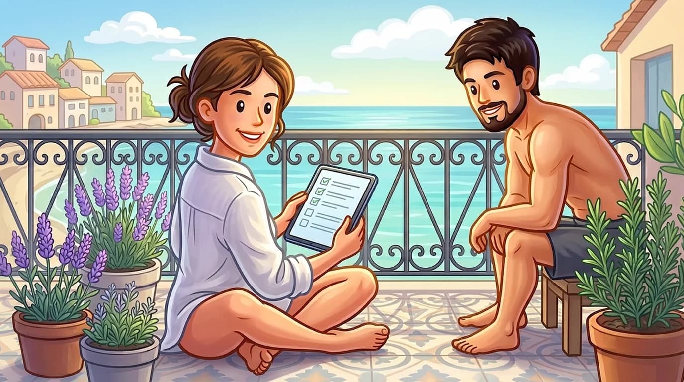 Woman reviewing a checklist on a tablet while sitting on a sunny balcony