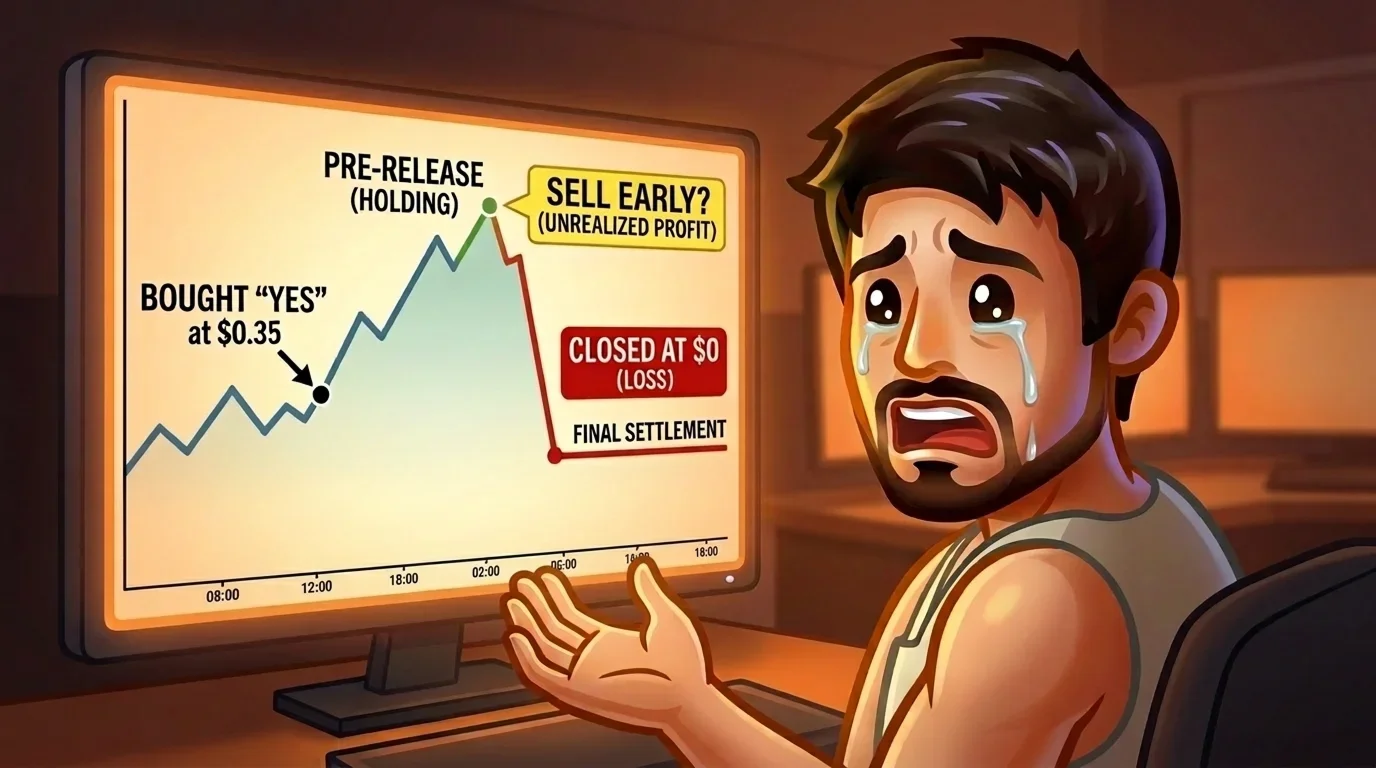 Trade has opportunity to sell early for profit but decides to hold until final settlement at $0