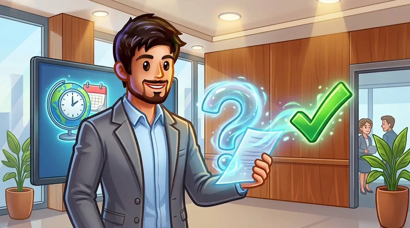 Professional holding a glowing document that transforms from question mark to checkmark.