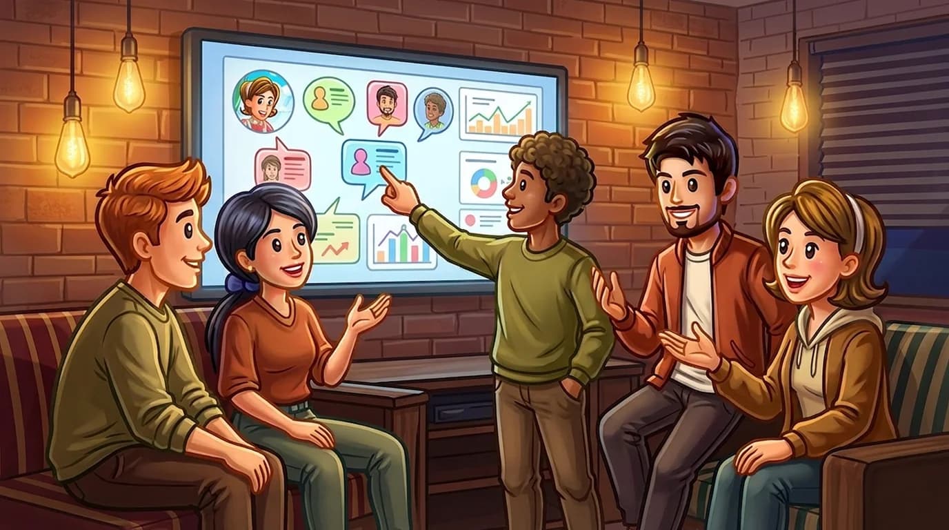 Group discussing social trading profiles on a large screen in a casual lounge
