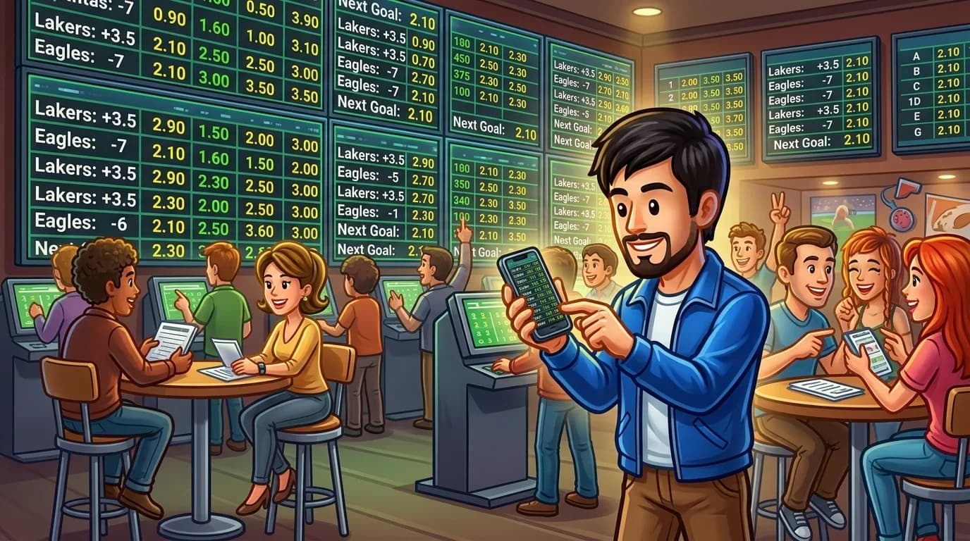 Person checking live odds on a digital display board at a sportsbook