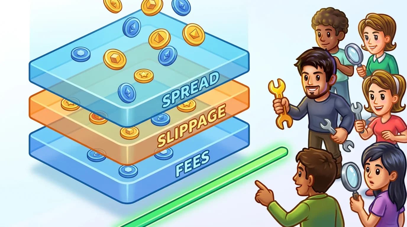 Three transparent glass-like layers hovering over a luminous baseline price bar with scattered geometric coins.