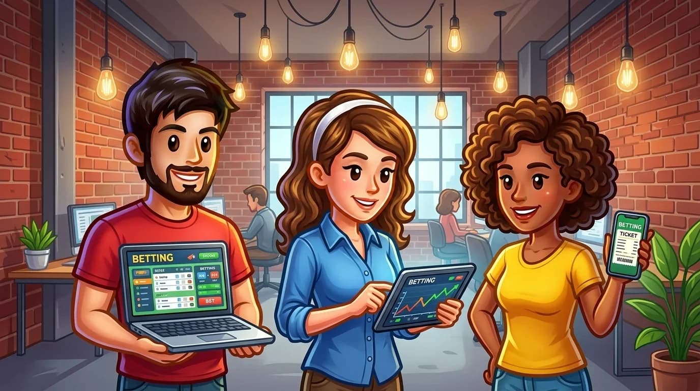 Three people in a co-working space each viewing the same betting information on different devices