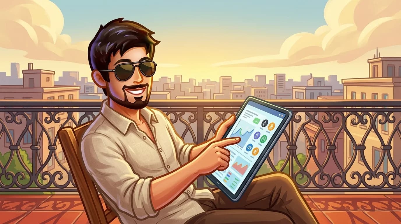 A trader relaxing while copy trading on a tablet outdoors