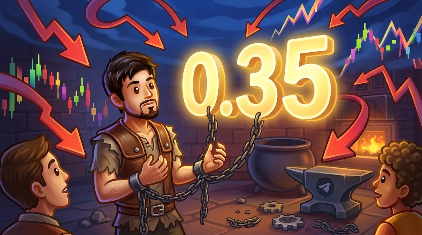 A trader anchored by chains to a giant glowing price number while market data swirls around