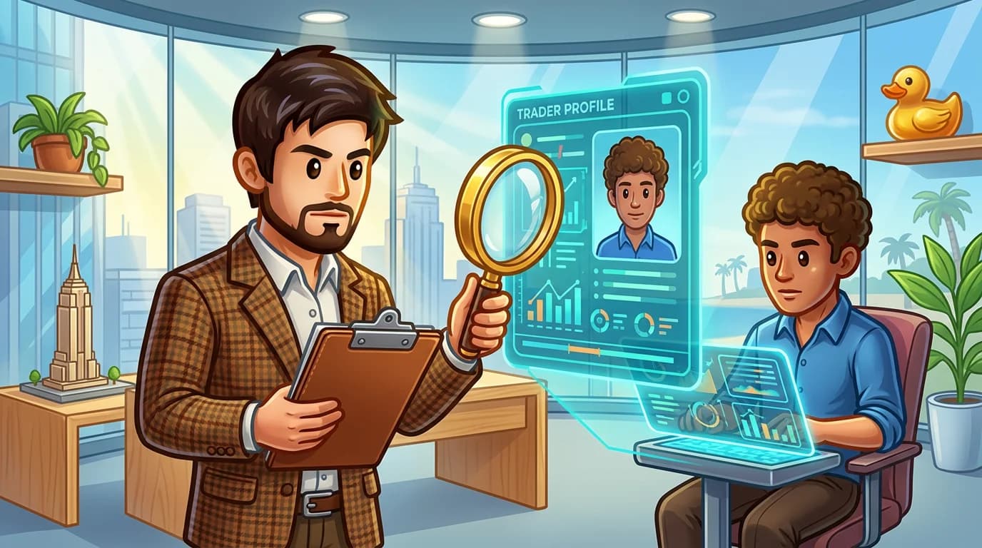 Investor examining a trader profile with a checklist and magnifying glass
