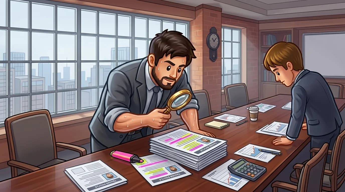Investor reviewing printed trader profiles with magnifying glass and highlighters