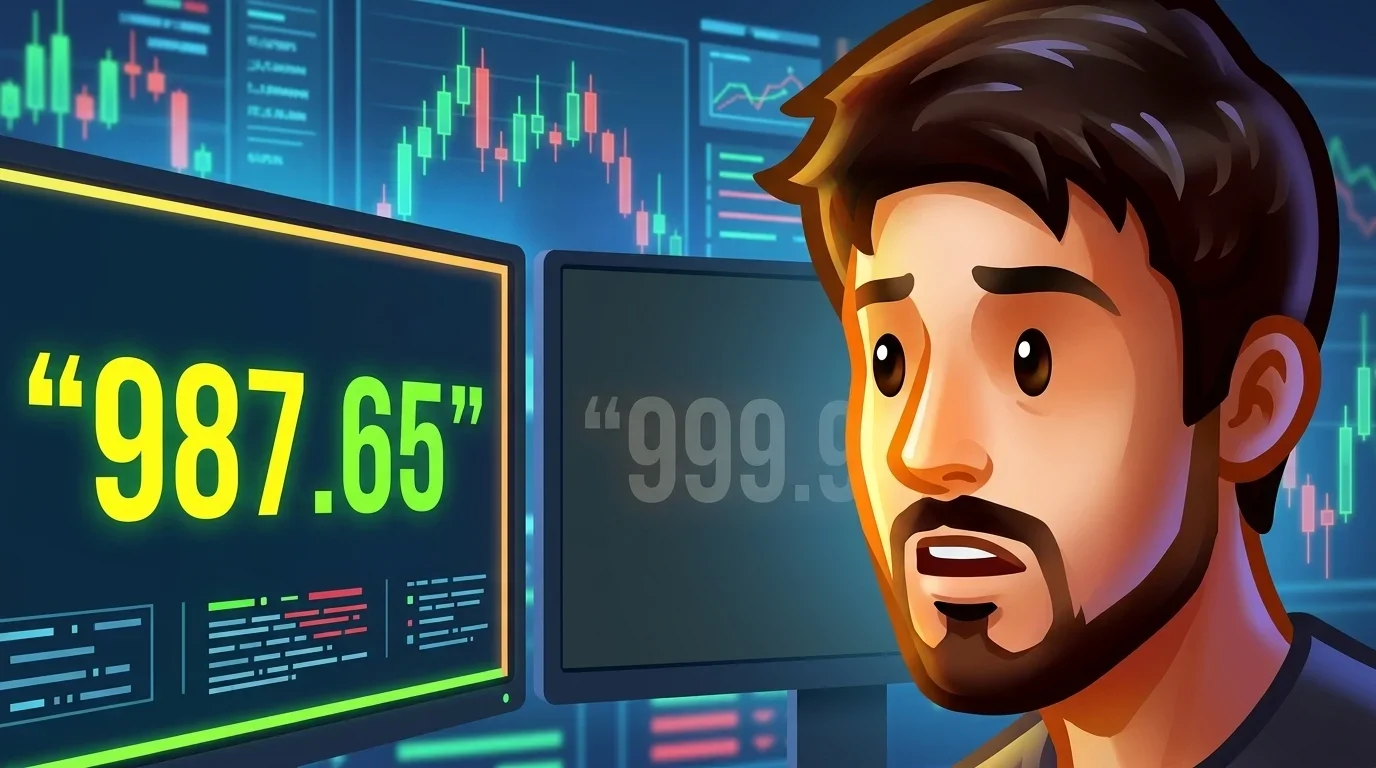 Trader in a dark room staring at two monitors with contrasting bright and dim price figures.