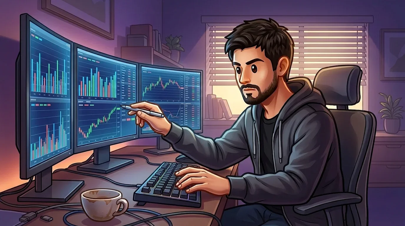 A trader spotting a price discrepancy between two prediction market platforms on multiple monitors