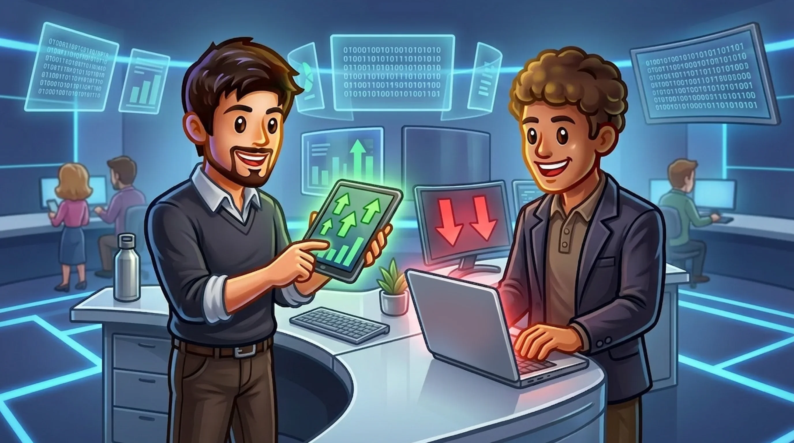 Two traders analyzing market data on digital screens in a modern trading room.