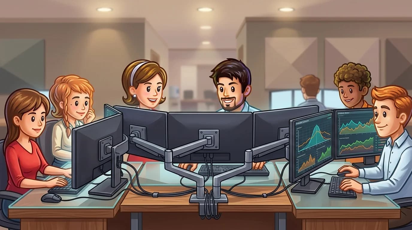 A trader sitting at a desk with curved monitors showing probability graphs and market data in a softly lit office.