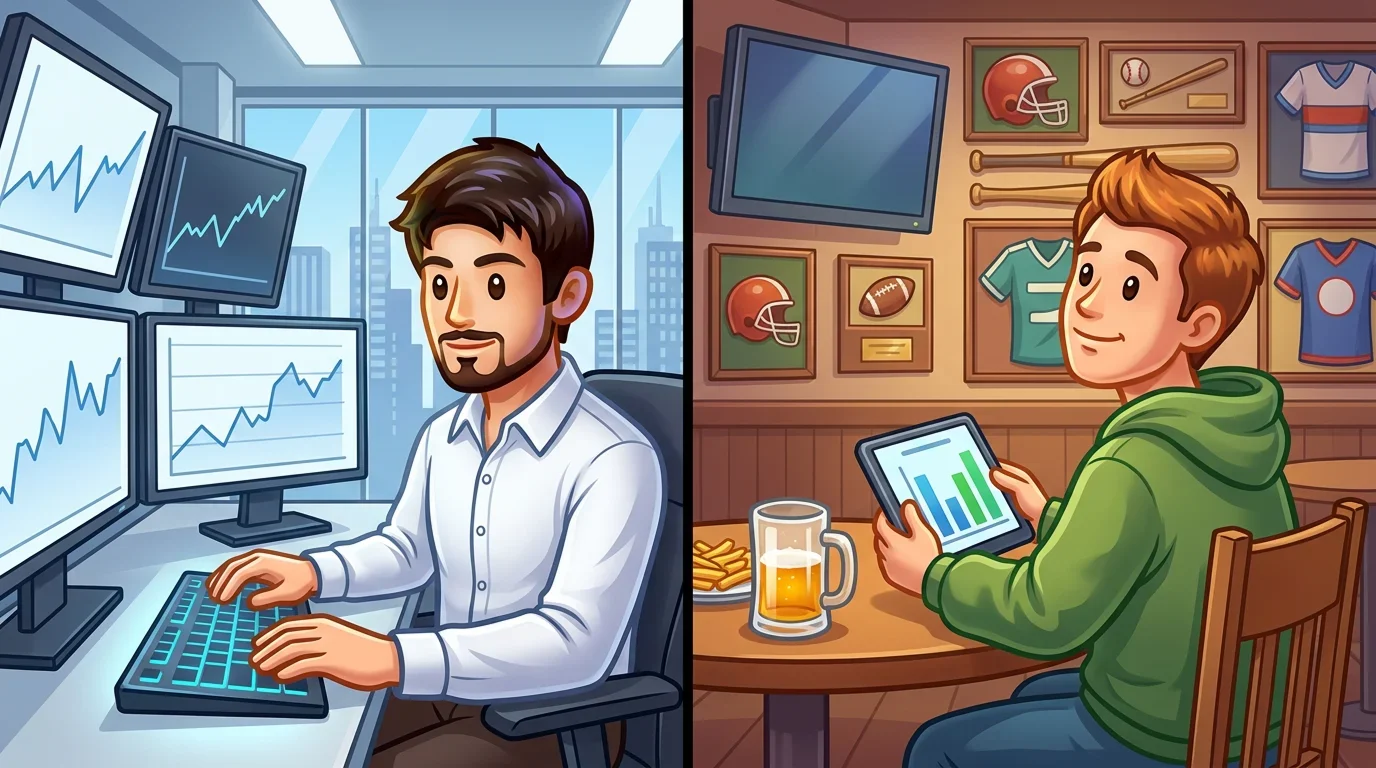 Side by side comparison of a professional trader in an office versus a sports bettor at a bar