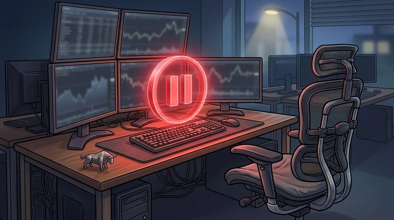 A trading desk sits idle with dimmed monitors and a luminous red pause button hovering over the keyboard while the chair remains pushed back and unoccupied.