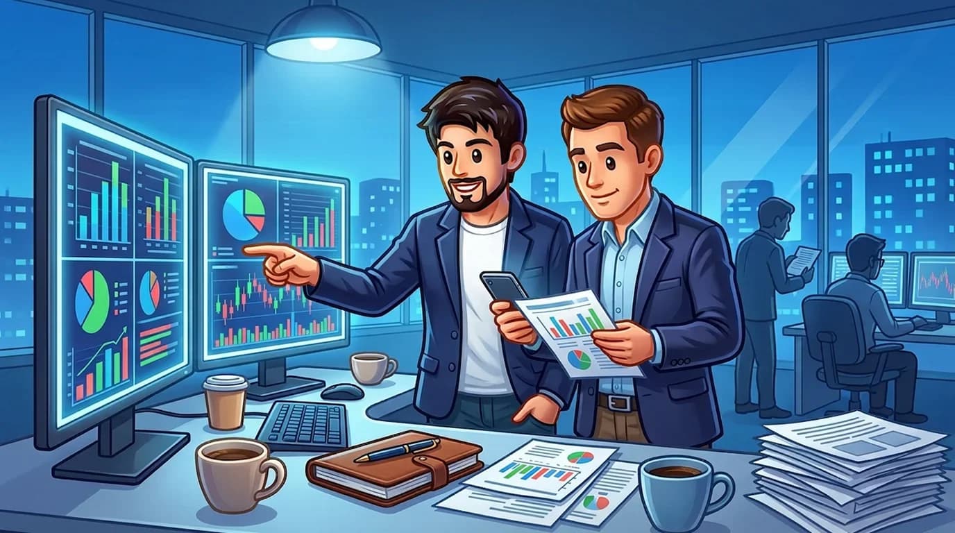 Two traders comparing prices at a desk