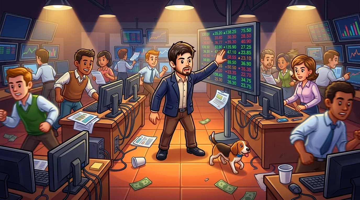 Busy trading floor with people monitoring fluctuating odds and numbers on screens