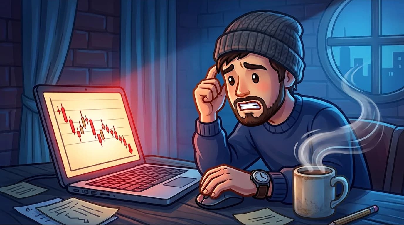 A trader looking concerned at a losing position on a laptop