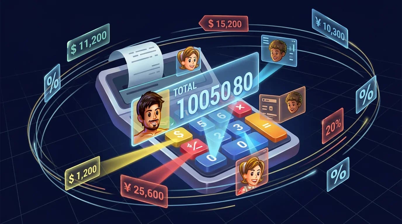 A futuristic floating calculator surrounded by orbiting holographic price tags and glowing percentage symbols.