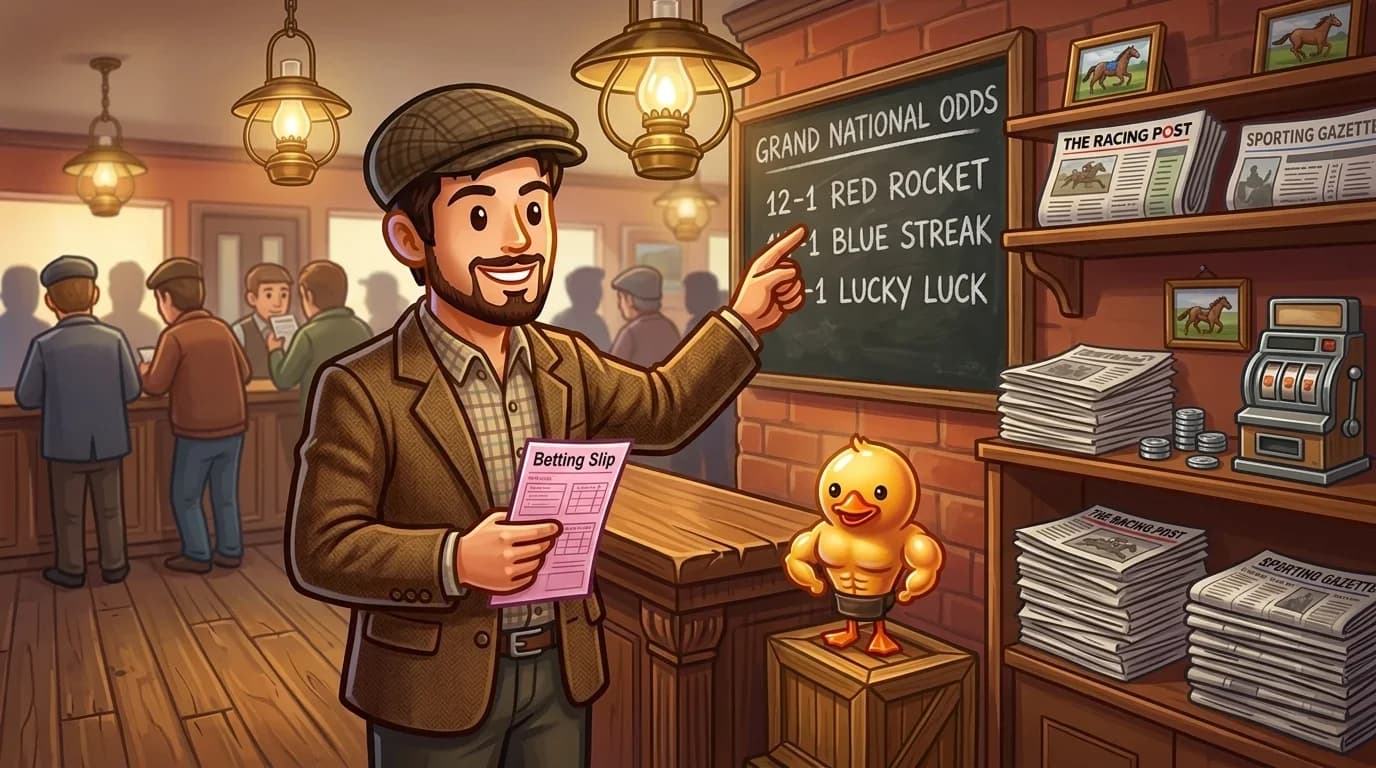 Man at a traditional betting shop counter pointing at odds on a chalkboard