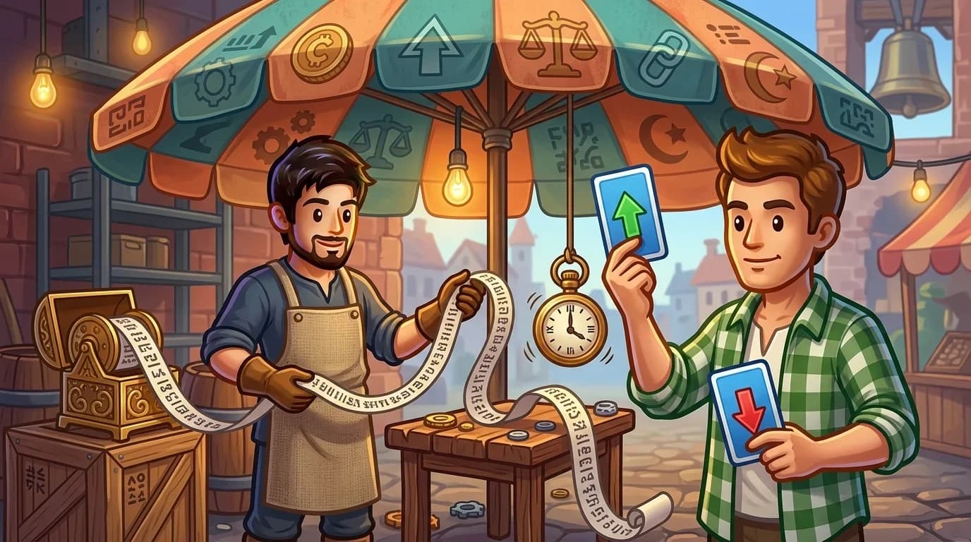 Two traders standing under a large umbrella labeled with abstract symbols one holding an endless scrolling price tape the other holding two simple choice cards with a clock symbol between them