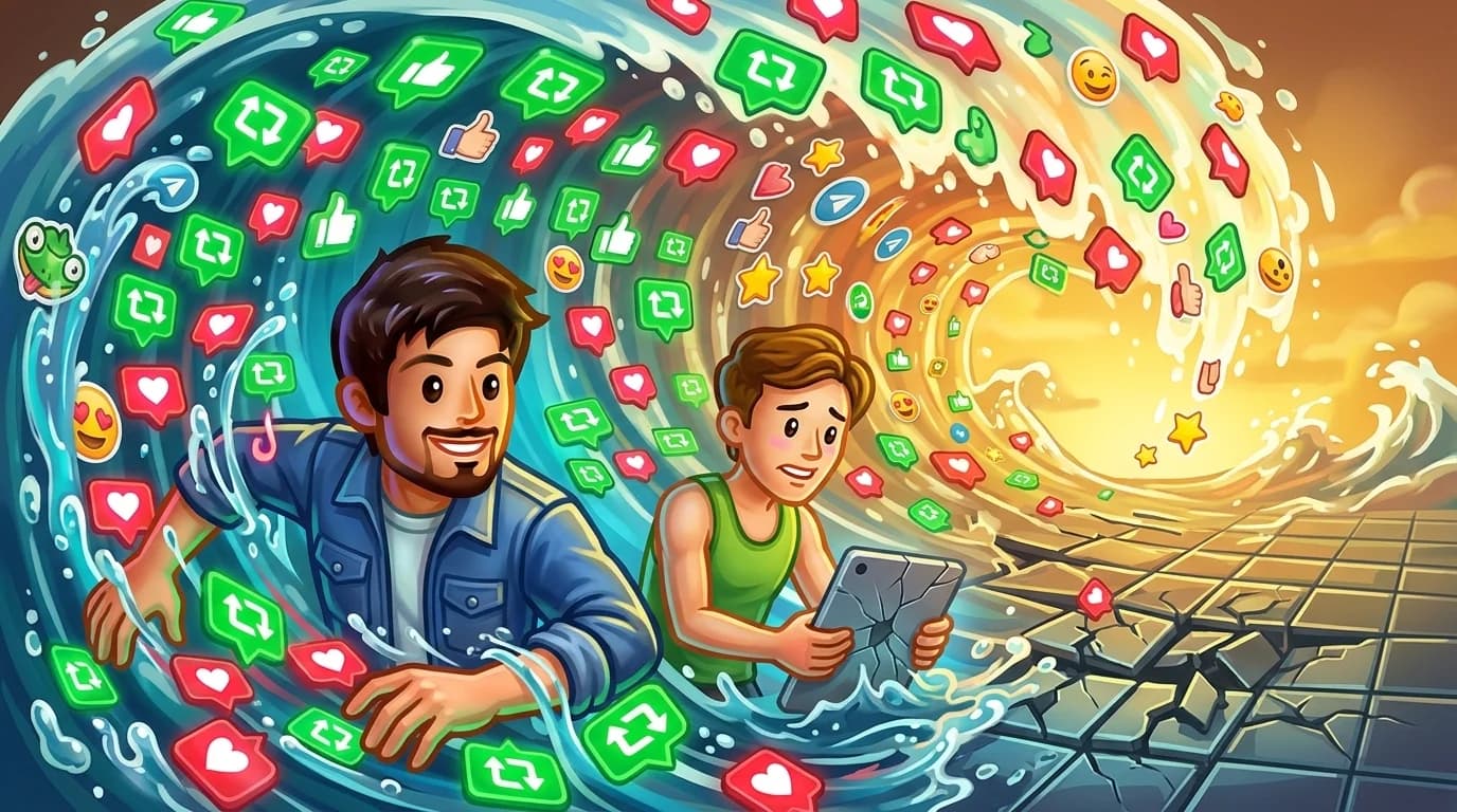 A towering translucent wave made of social media symbols breaking over an illuminated financial chart grid.