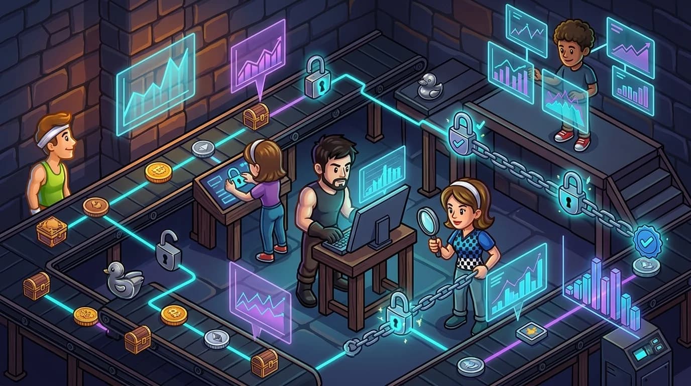 An isometric dark-mode interface displaying linked crypto wallets, transaction lines, and profit graphs.