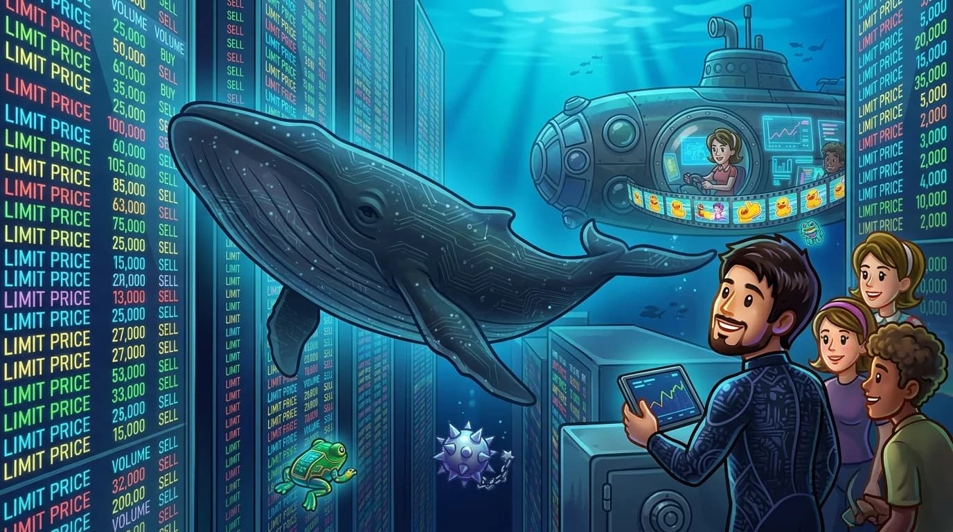 A colossal whale shadow swimming between towering neon walls of digital order book prices in an underwater darkness.