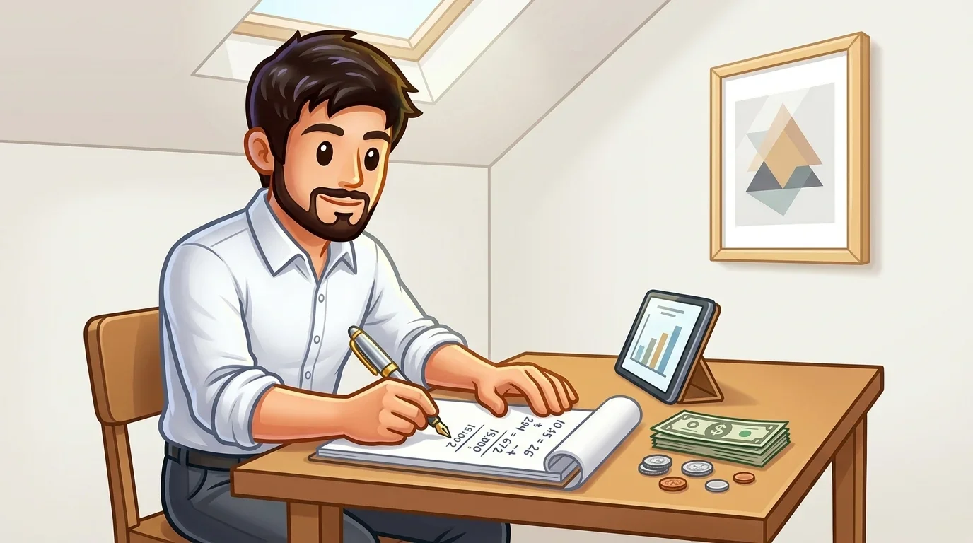 Person at a desk writing calculations on a notepad while checking a tablet screen