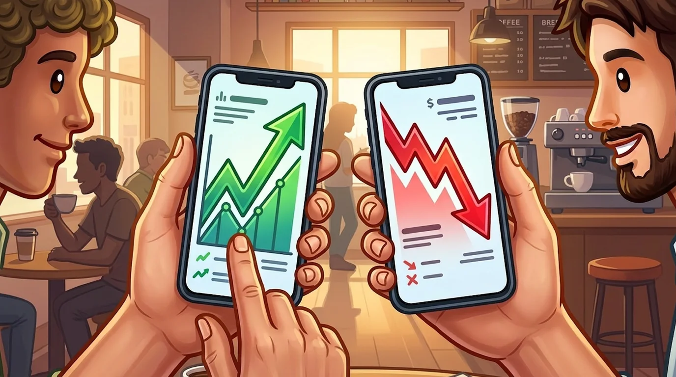 Two phone screens showing winning and losing trades side by side