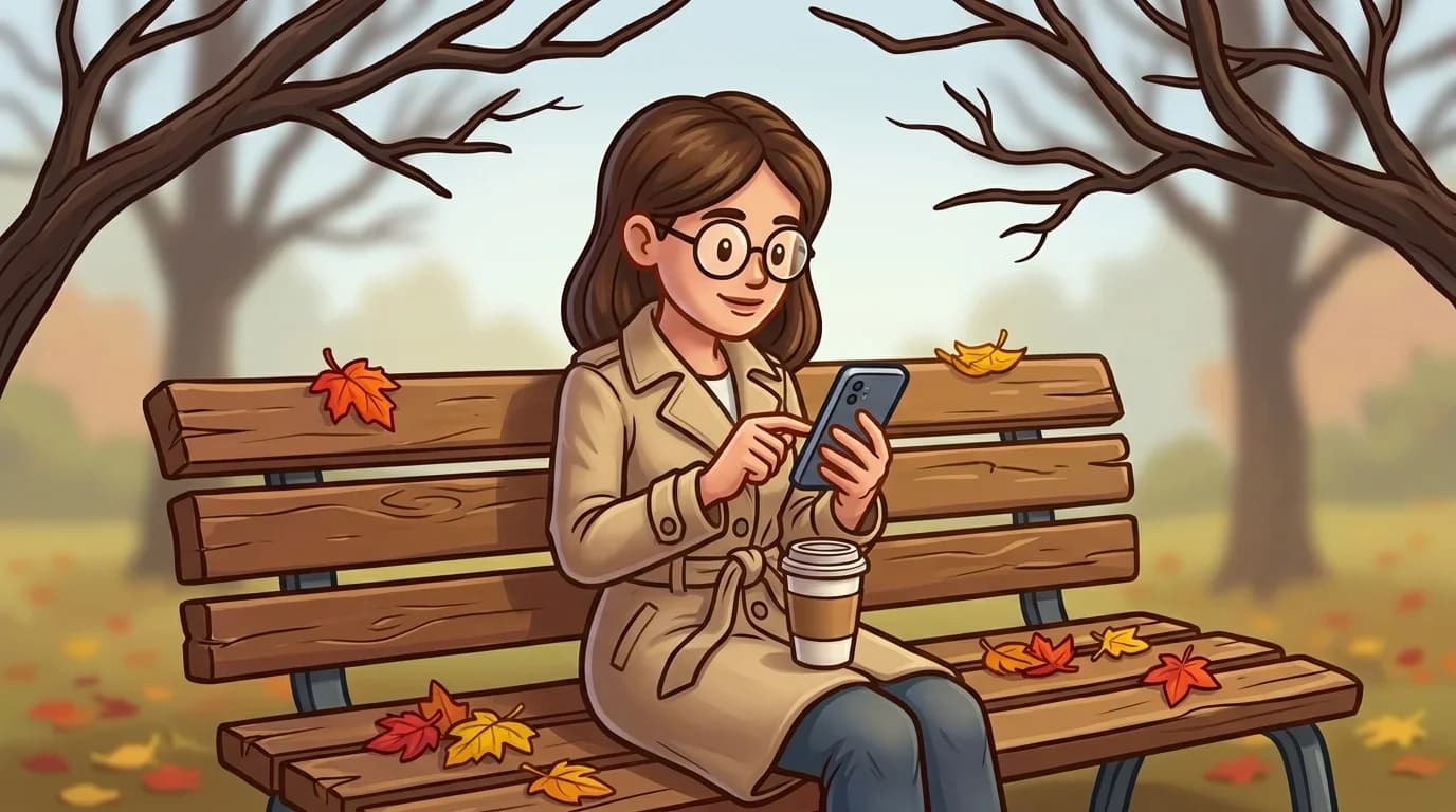 Woman on a park bench using a calculator app on her smartphone