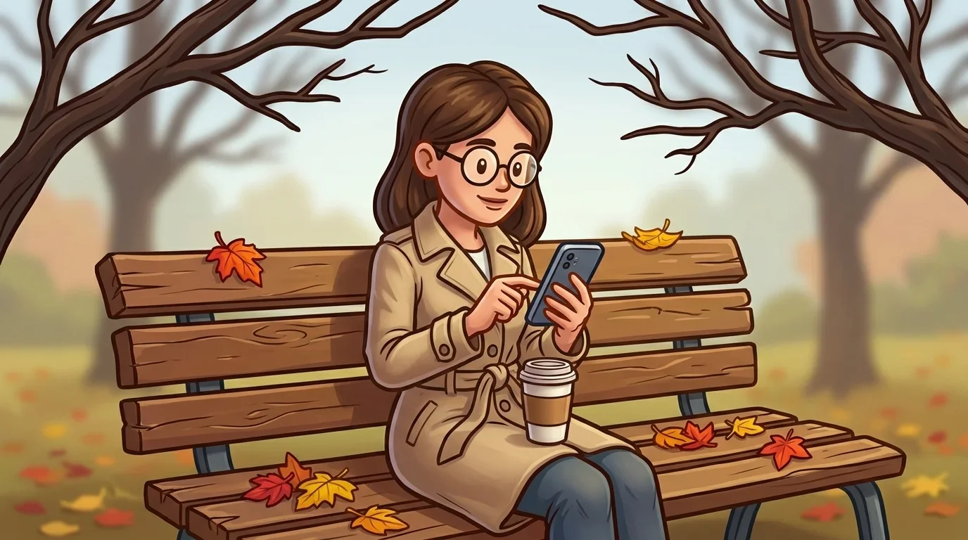 Woman on a park bench using a calculator app on her smartphone