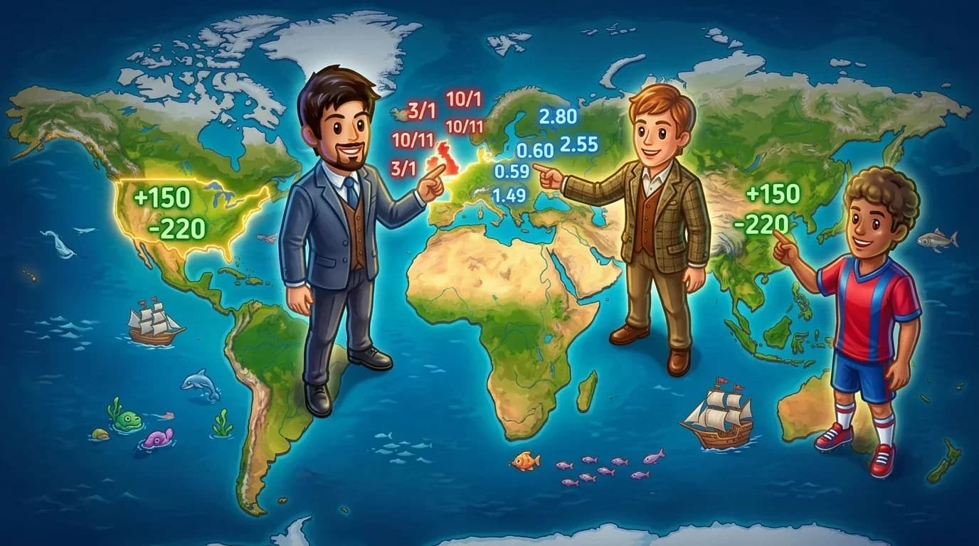 World map showing regional odds format preferences: decimal in Europe, fractional in UK, American in US