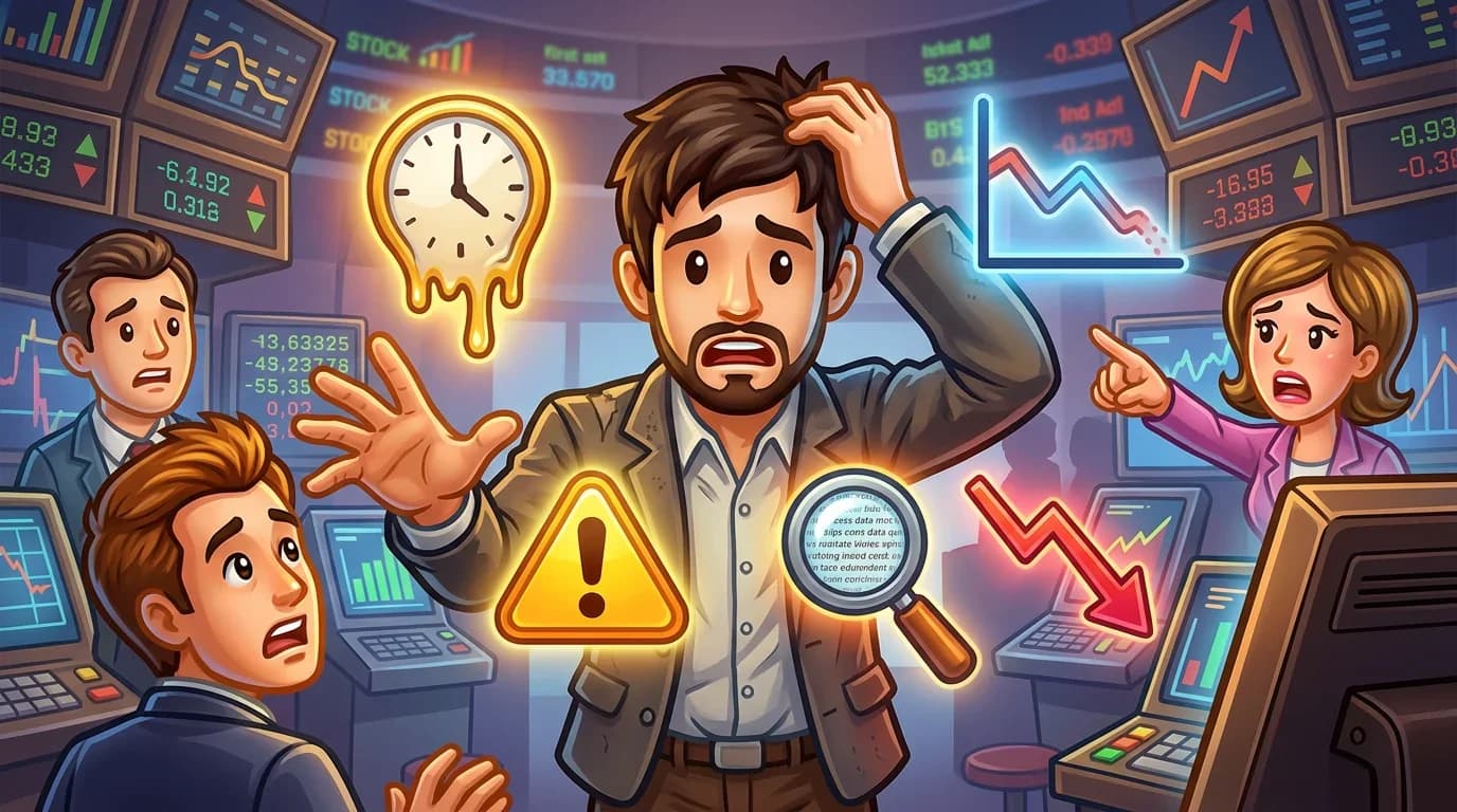 A worried trader surrounded by four floating warning symbols - a melting clock a fading chart line a magnifying glass revealing hidden text and a falling graph arrow all glowing in caution colors